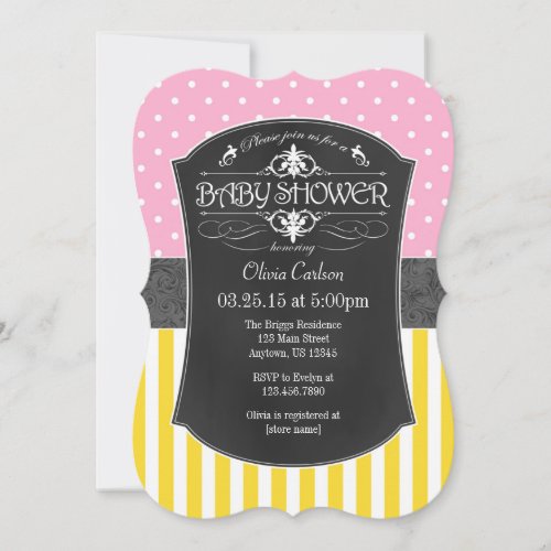 Pink Yellow Gray Chalkboard Stripes Baby Shower Invitation