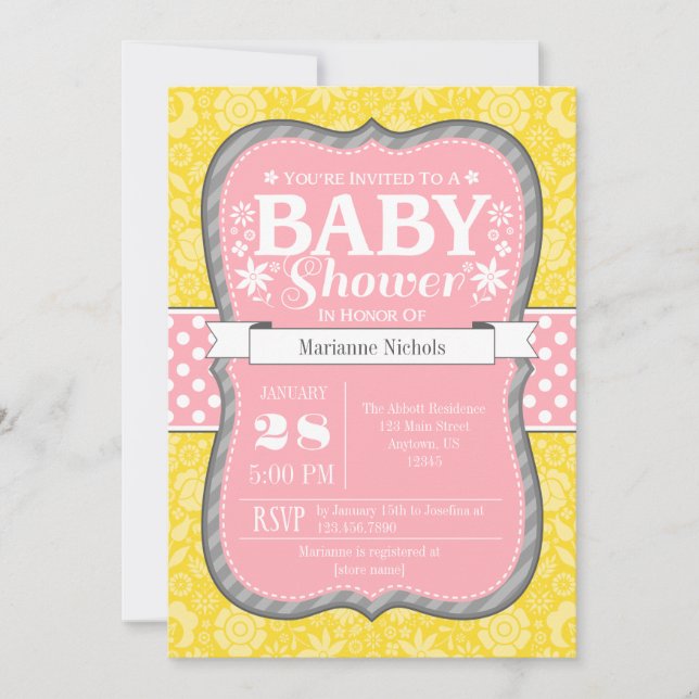 Pink Yellow Gray Floral Flower Baby Shower Invite (Front)