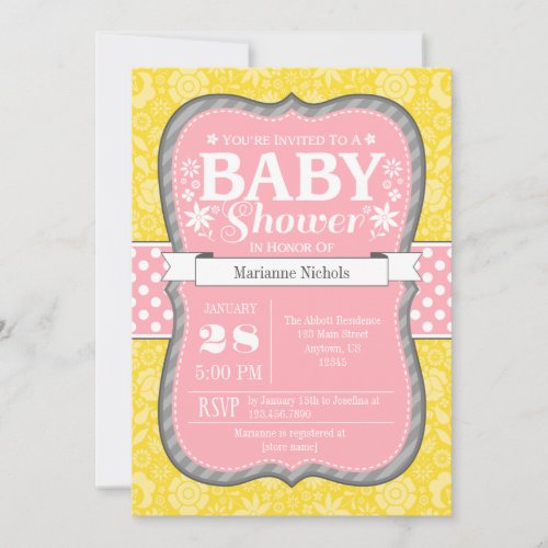 Pink Yellow Gray Floral Flower Baby Shower Invite