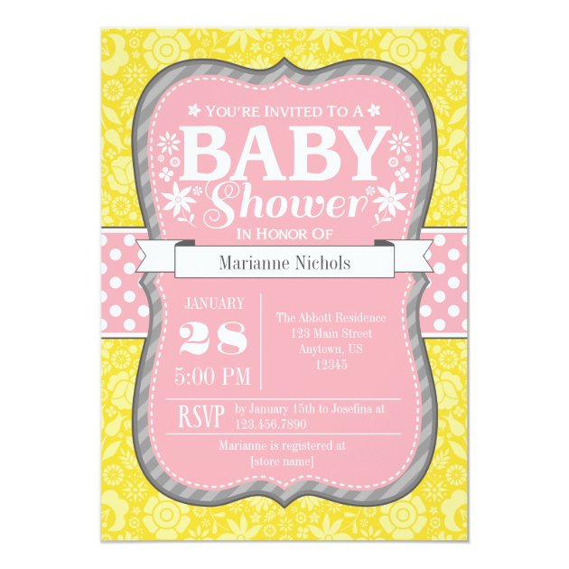 Pink Yellow Gray Floral Flower Baby Shower Invite