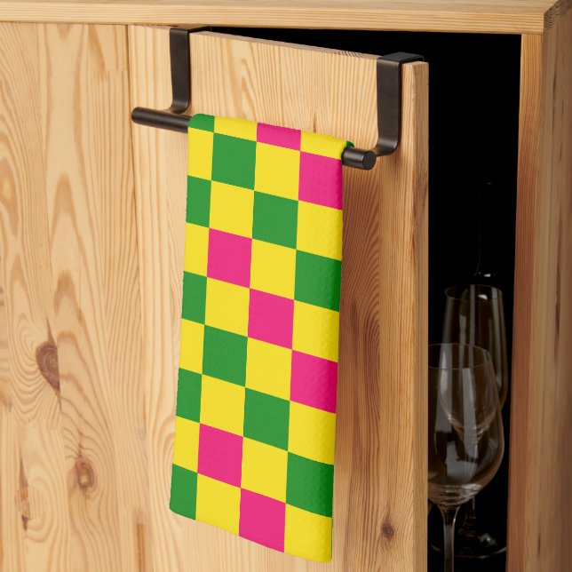 Pink Yellow Green Checkered Pattern Design  Kitchen Towel (Thirds Fold)