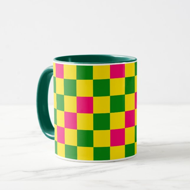 Pink Yellow Green Checkered Pattern Design  Mug (Front Left)