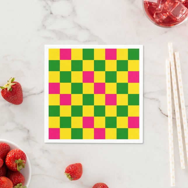 Pink Yellow Green Checkered Pattern Design  Napkins (Insitu)