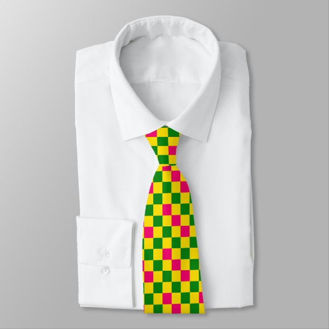 Pink Yellow Green Checkered Pattern Design  Neck Tie (Tied)