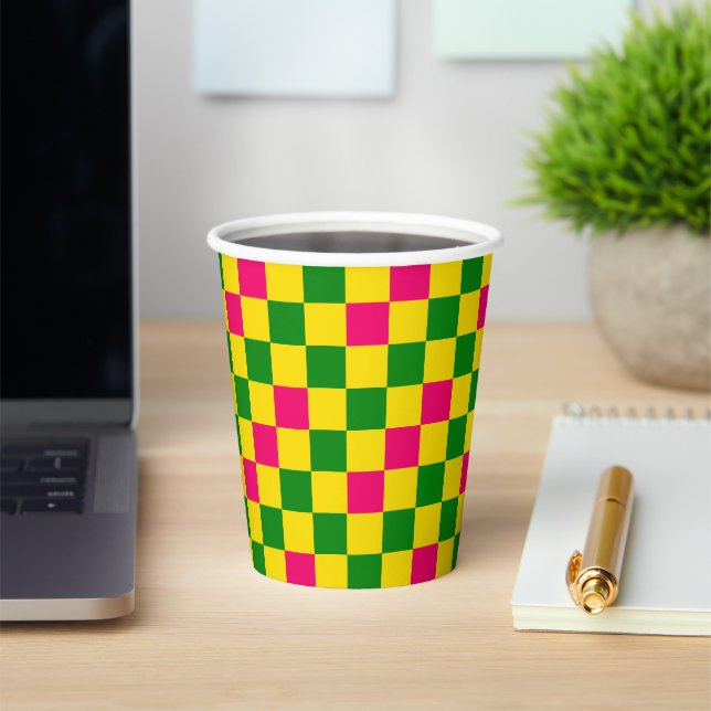 Pink Yellow Green Checkered Pattern Design  Paper Cups (Insitu)