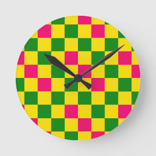 Pink Yellow Green Checkered Pattern Design  Round Clock
