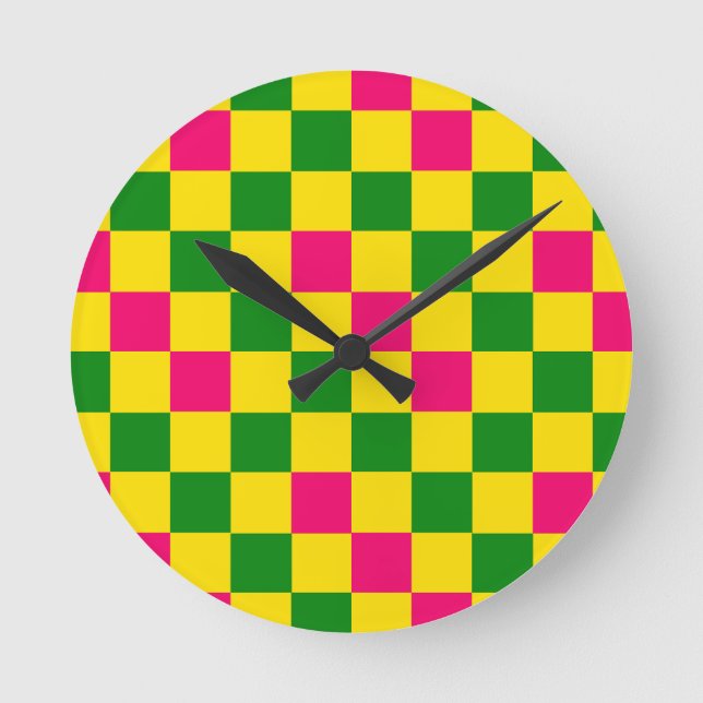 Pink Yellow Green Checkered Pattern Design  Round Clock (Front)