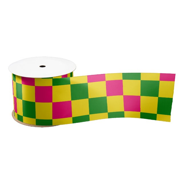 Pink Yellow Green Checkered Pattern Design  Satin Ribbon (Spool)