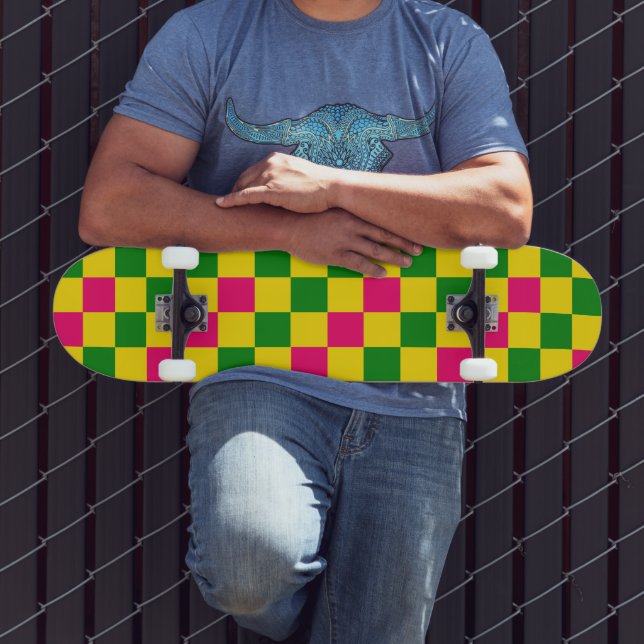 Pink Yellow Green Checkered Pattern Design  Skateboard (Outdoor 3)