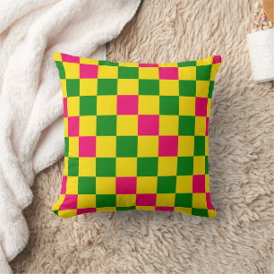 Pink Yellow Green Checkered Pattern Design Throw Pillow