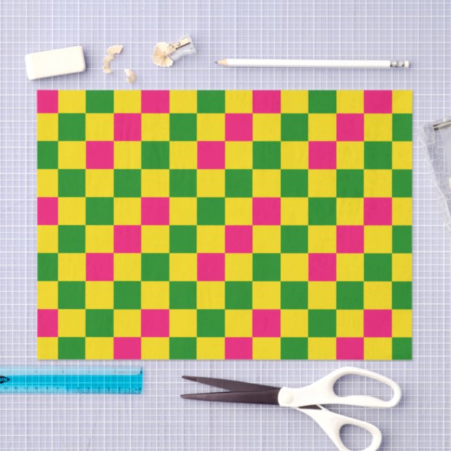 Pink Yellow Green Checkered Pattern Design  Tissue Paper (Craft)