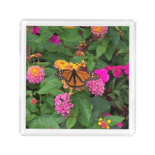 Pink Yellow Green Floral Lantana with Butterfly  Acrylic Tray