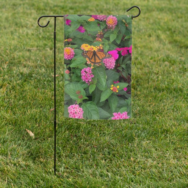 Pink Yellow Green Floral Lantana with Butterfly Garden Flag (In SItu)