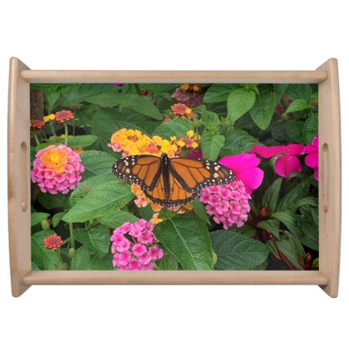 Pink Yellow Green Floral Lantana with Butterfly Serving Tray