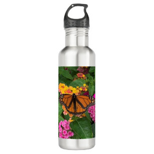 Pink Yellow Green Floral Lantana with Butterfly  Stainless Steel Water Bottle