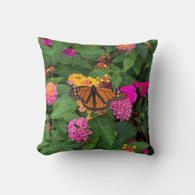 Pink Yellow Green Floral with Butterfly Lantana Throw Pillow (Front)