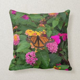 Pink Yellow Green Floral with Butterfly Lantana Throw Pillow