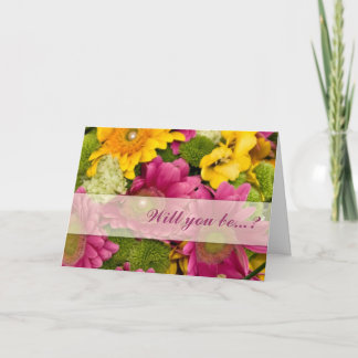 Pink yellow & green Gerbera be my bridesmaid card