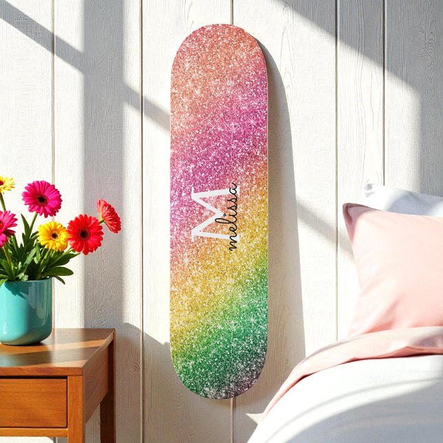 Pink Yellow Green Glitter Rainbow Monogram Skateboard (Creator Uploaded)