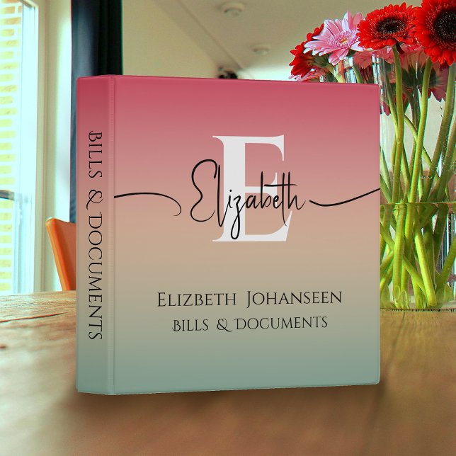 Pink Yellow & Green Gradient Script Name Monogram 3 Ring Binder (Creator Uploaded)