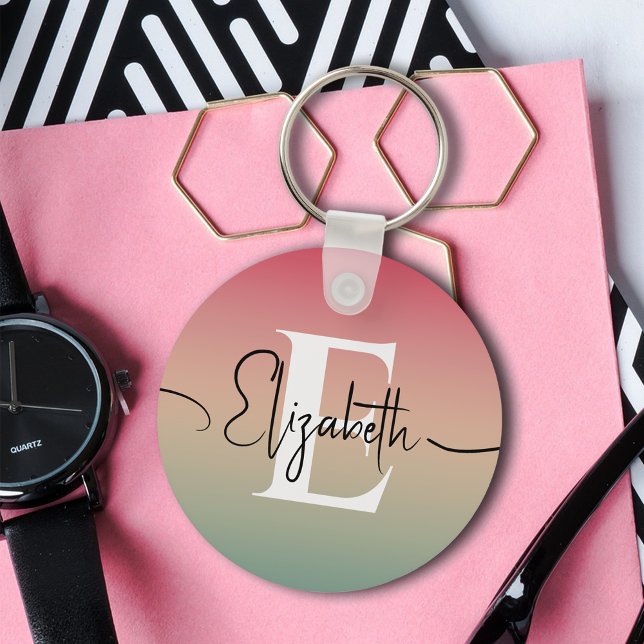 Pink Yellow & Green Gradient Script Name Monogram Keychain (Creator Uploaded)