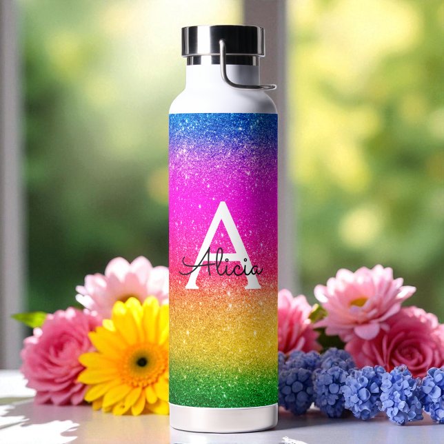 Pink Yellow Green Rainbow Glitter Monogram Water Bottle (Creator Uploaded)