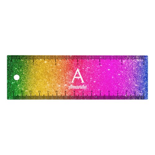 Pink Yellow Green Unicorn Glitter Monogram Ruler