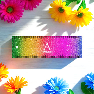 Pink Yellow Green Unicorn Glitter Monogram Ruler