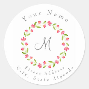 Pink Yellow Green Watercolor Floral Wreath Classic Round Sticker