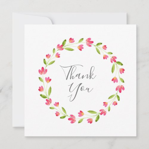Pink Yellow Green Watercolor Floral Wreath Thank You Card