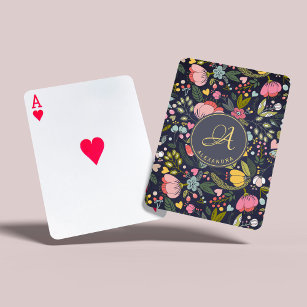 Pink yellow grey floral pattern monogram name playing cards