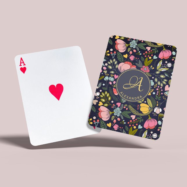 Pink yellow grey floral pattern monogram name poker cards (Creator Uploaded)