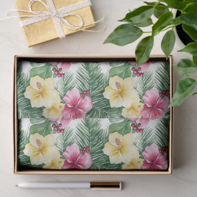 Pink Yellow Hibiscus Flowers Birthday Tissue Paper (Gift)