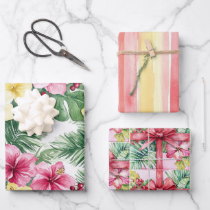 Pink Yellow Hibiscus Flowers Bows Stripes Birthday Wrapping Paper Sheets