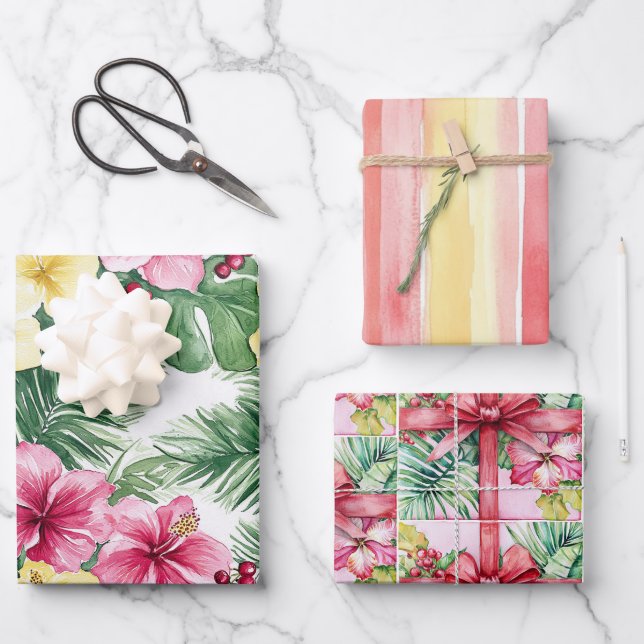 Pink Yellow Hibiscus Flowers Bows Stripes Birthday Wrapping Paper Sheets (Front)