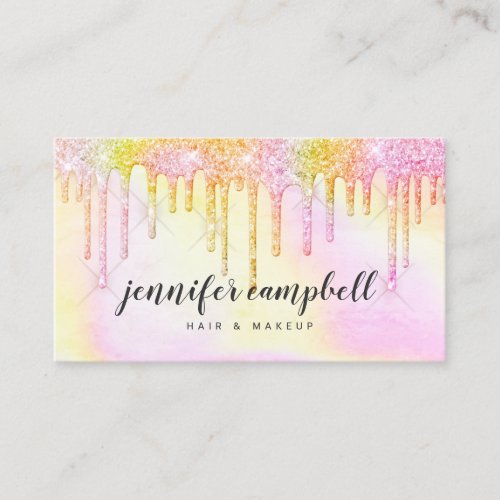 Pink yellow holographic glitter drips makeup hair business card