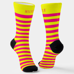Pink Yellow Horizontal Lines Striped Custom Name Socks