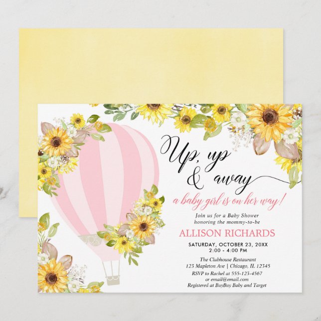 Pink yellow hot air balloon sunflowers girl baby invitation (Front/Back)