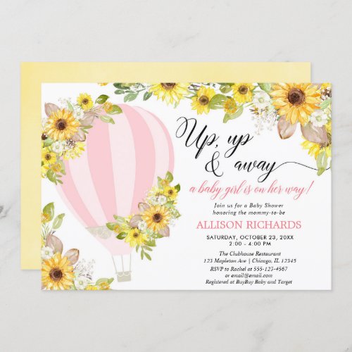 Pink yellow hot air balloon sunflowers girl baby invitation