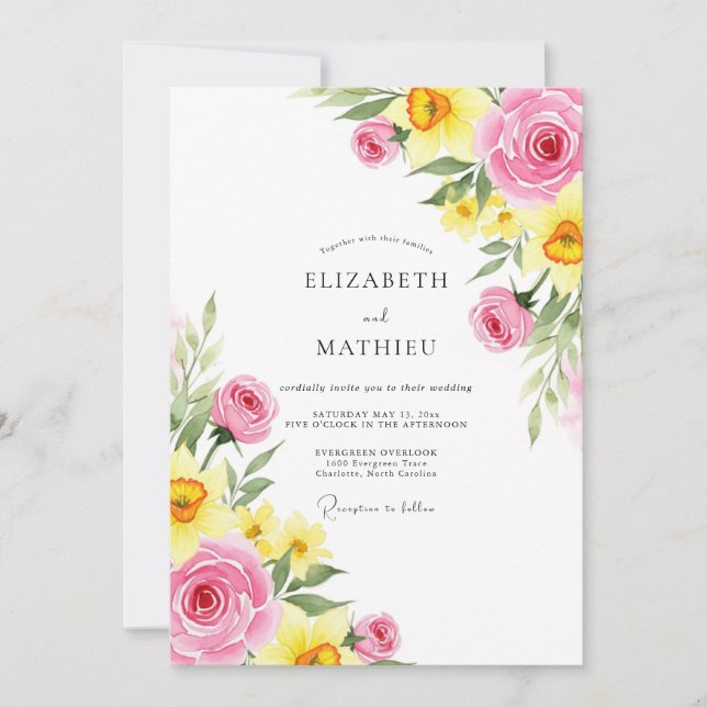 Pink Yellow Jubilant Spring Wedding Invitation (Front)