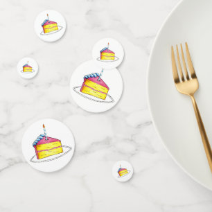 Pink Yellow Layer Happy Birthday Cake Slice Candle Confetti