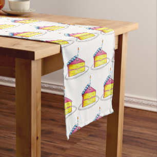 Pink Yellow Layer Happy Birthday Cake Slice Candle Long Table Runner