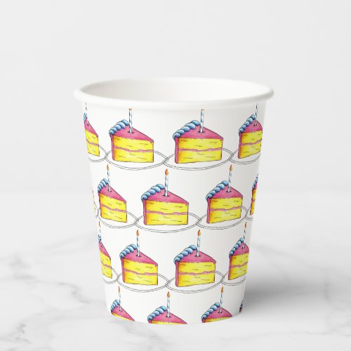 Pink Yellow Layer Happy Birthday Cake Slice Candle Paper Cups