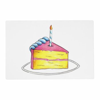 Pink Yellow Layer Happy Birthday Cake Slice Candle Placemat by rebeccaheartsny at Zazzle