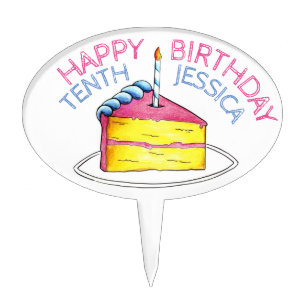 Pink Yellow Layer Happy Birthday Cake Slice Candle Topper