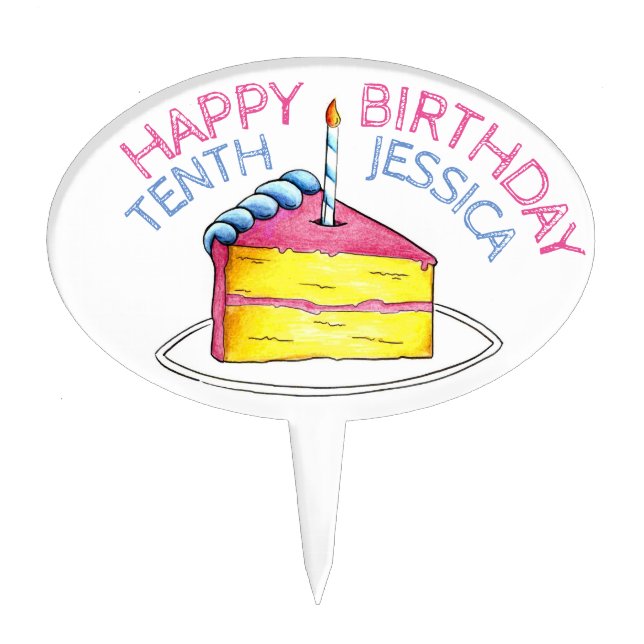 Pink Yellow Layer Happy Birthday Cake Slice Candle Topper (Front)