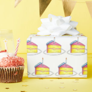 Pink Yellow Layer Happy Birthday Cake Slice Candle Wrapping Paper