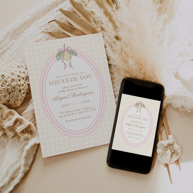 Pink & Yellow Lemon Bow Baby Shower Invitation (Creator Uploaded)