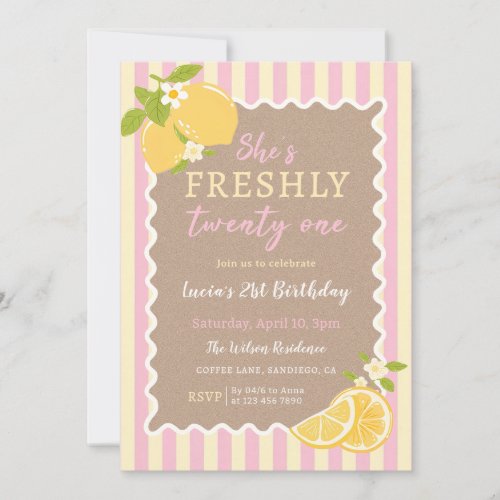 Pink & Yellow Lemon Freshly 21 Birthday Invitation