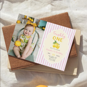 Pink Yellow Lemon Freshly One 1st Birthday Photo Invitation